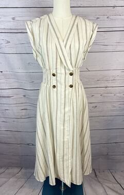 Donna Karan New York Linen Blend Striped Midi Dress Cream Smocked Waist Sz 6